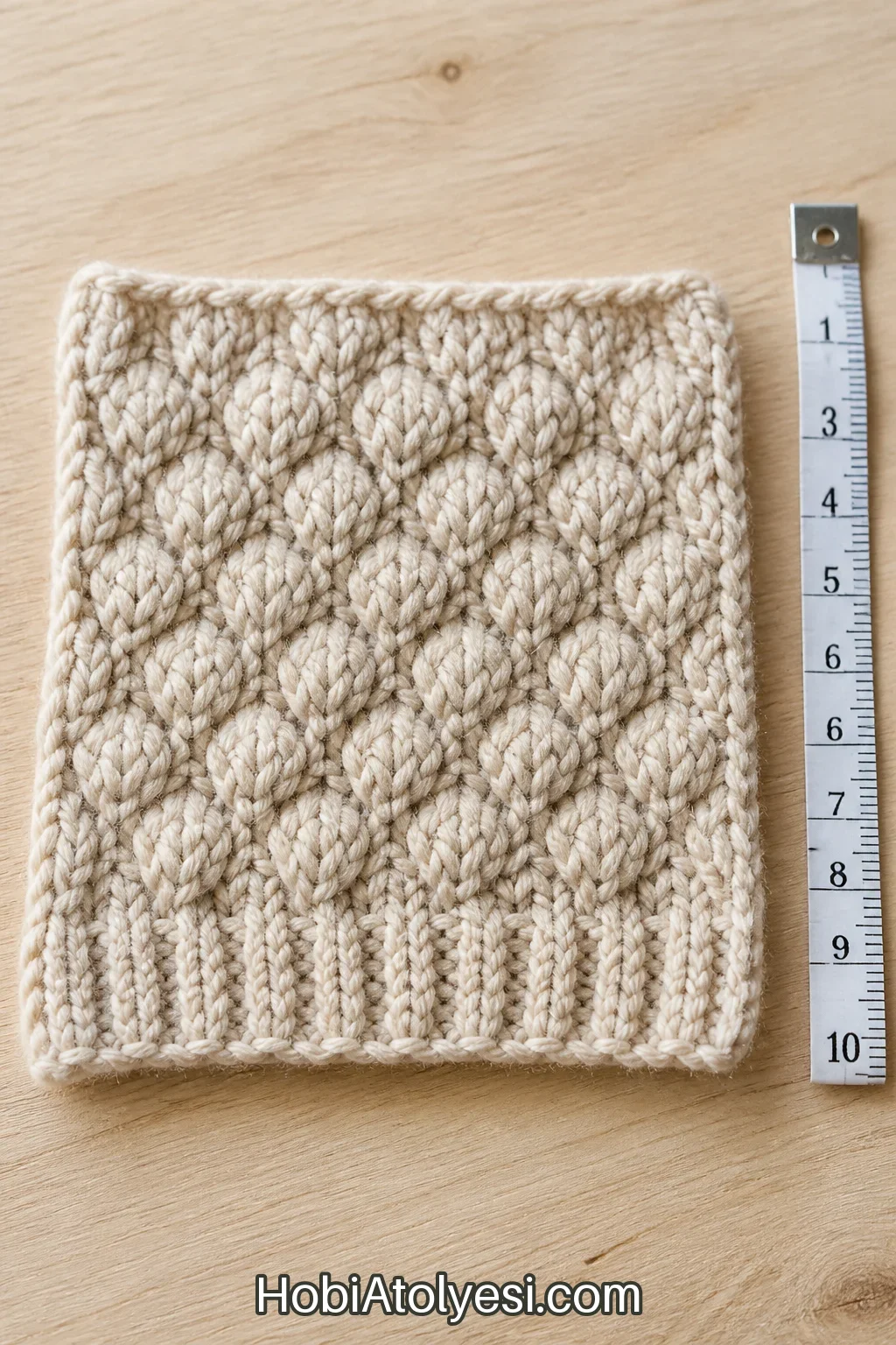 10×10 cm örnek kumaşın yakın çekimi, kenarlarında ölçü bandı