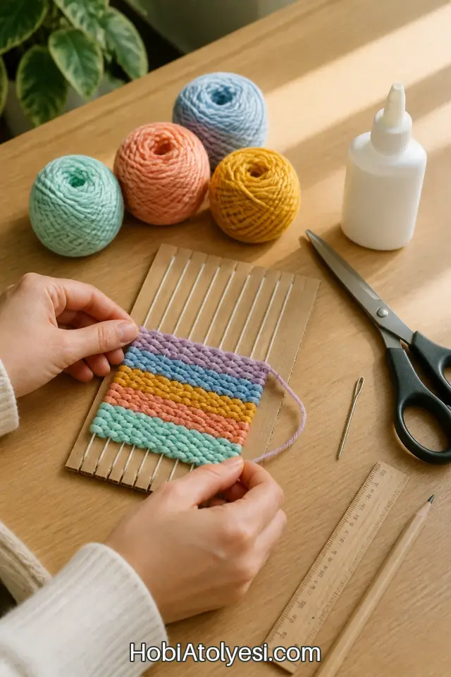 Düz, temiz çalışma alanında pastel renkli yünler, mukavva, yapıştırıcı ve makas düzeni