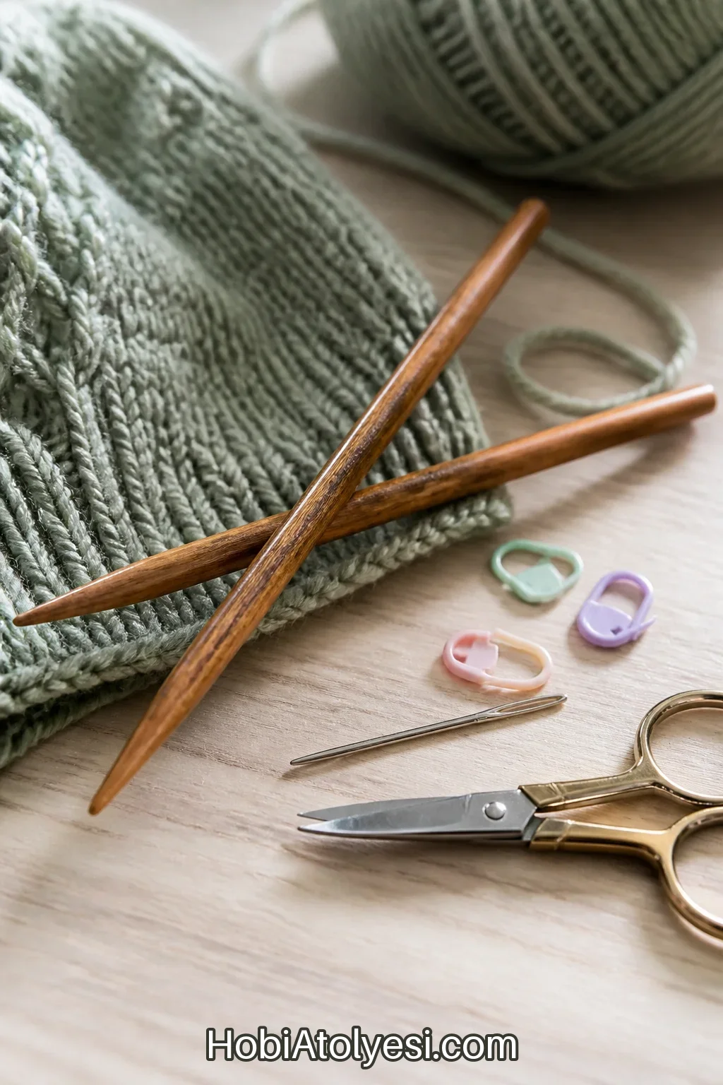 Yakın plan: 5,5 mm örgü şişleri, ilmek işaretleyiciler ve yün iğnesi