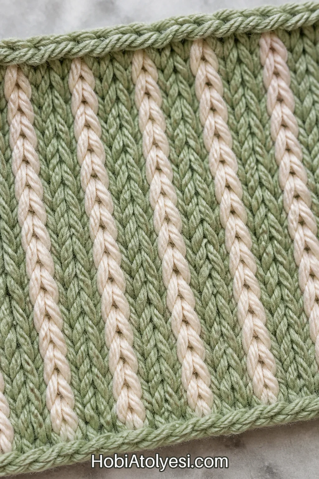 Önden kabartmalı dokunun yakın planı; kontrast renk slip-stitch sütunları belirgin