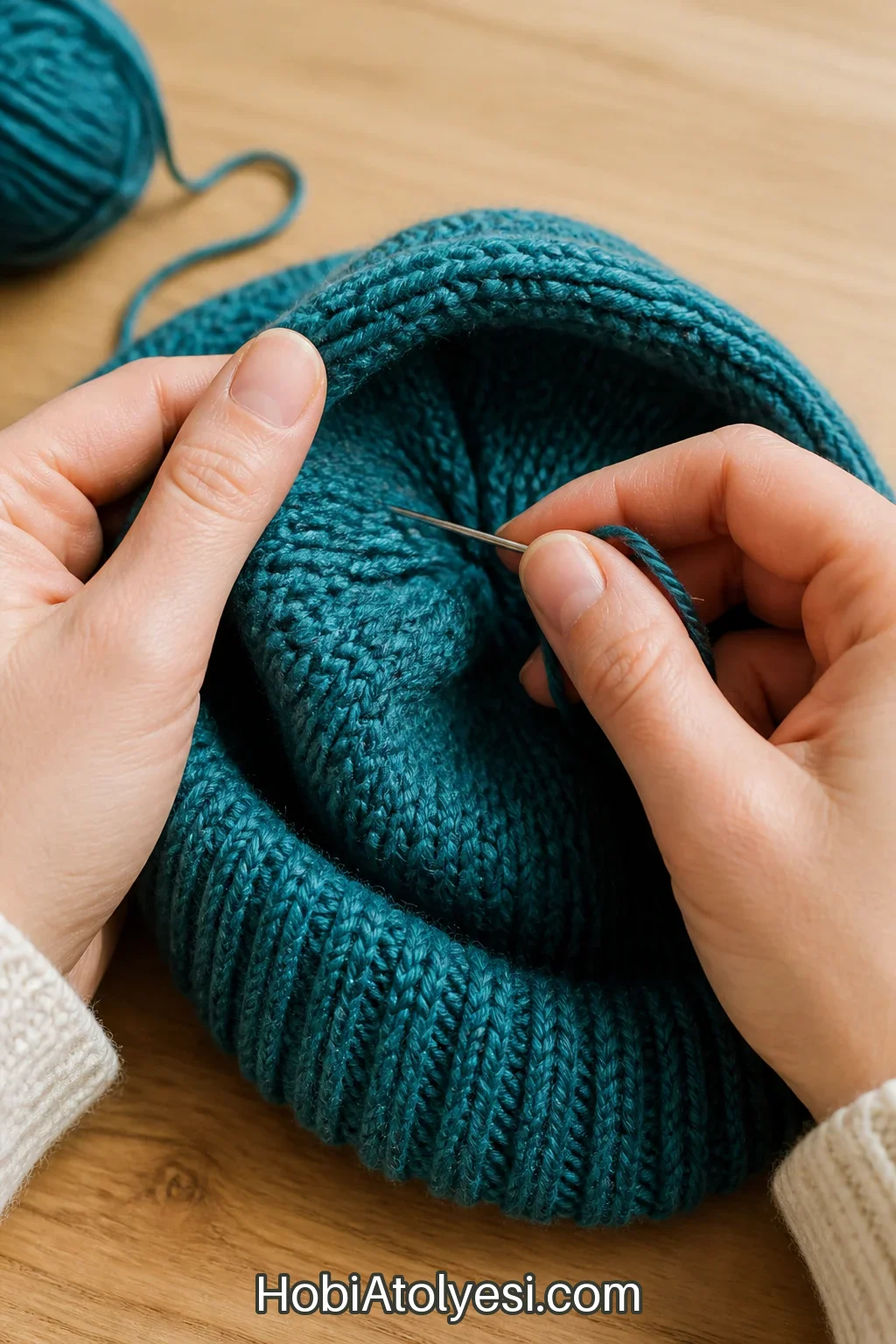 Elastik kenar için gevşek bind-off ve yün iğnesiyle uç gizleme