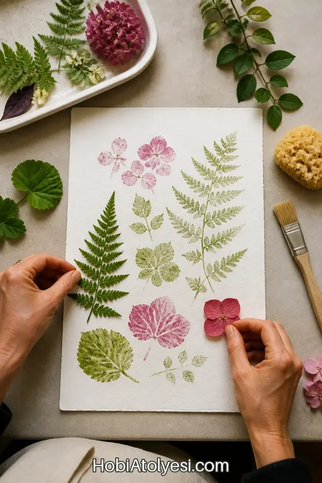 Kağıt üzerine yerleştirilmiş yaprak ve çiçek düzenlemesi, yumuşak kağıt 20x30 cm boyutunda