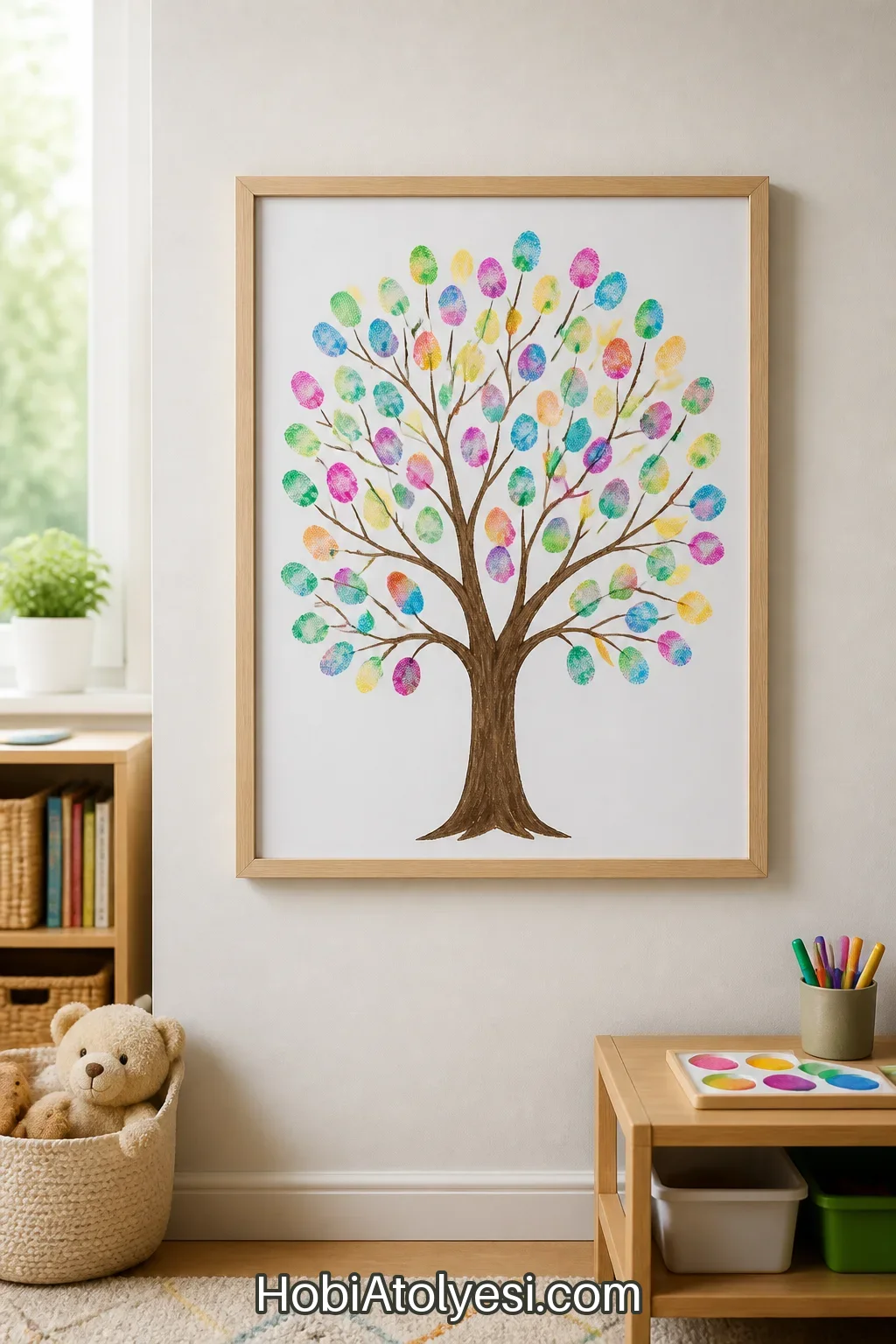 30x40 cm karton üzerine yapılan parmak baskılı ağaç posteri, basit bir çerçeve içine yerleştirilmiş şekilde duvarda sergileniyor.