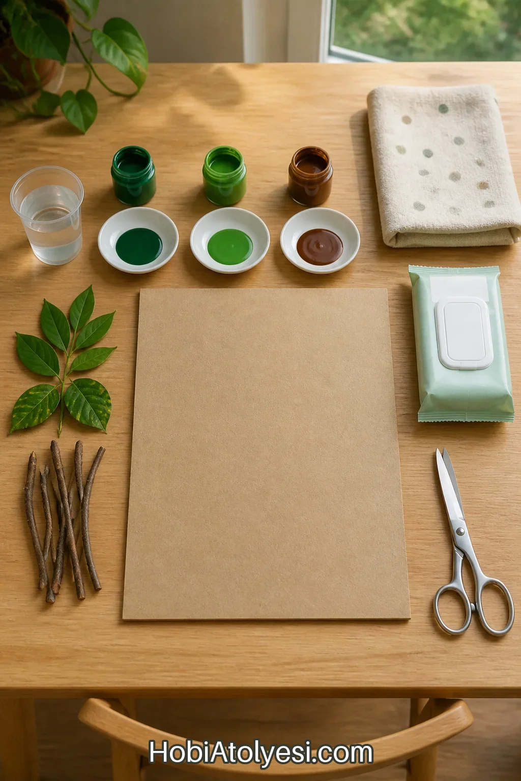 Çalışma masasında düzenlenmiş malzemeler: 30x40 cm karton, su bazlı boya kapları, doğal yapraklar, ıslak mendil ve makas.