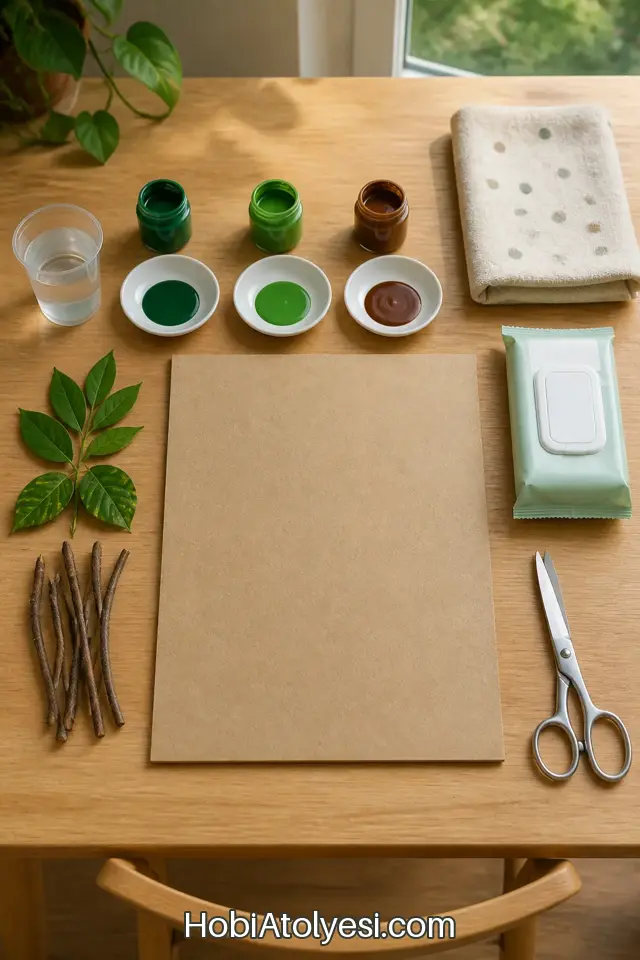 Çalışma masasında düzenlenmiş malzemeler: 30x40 cm karton, su bazlı boya kapları, doğal yapraklar, ıslak mendil ve makas.