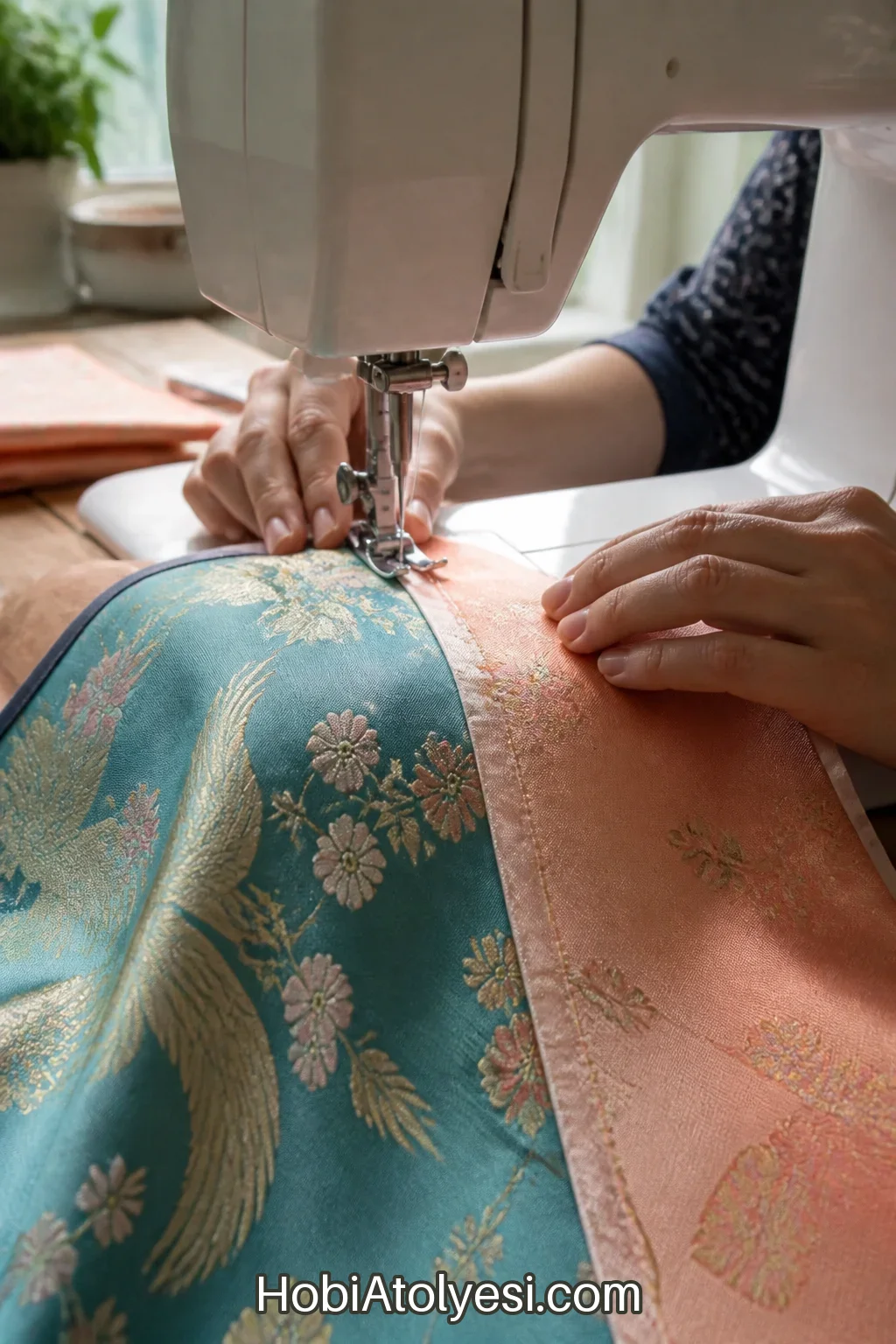 Dikiş makinesinde iki parça arasına düz dikiş atma: makine, ipeksi kumaş ve dikiş hattı