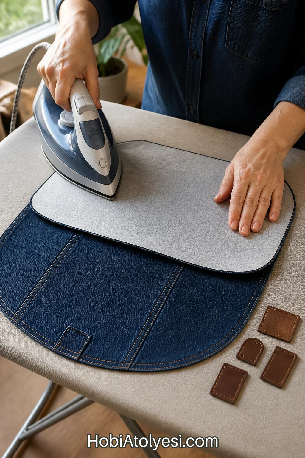 Kesilen denim parçalarının arkasına yapışkan keçe (interfacing) uygulanması.