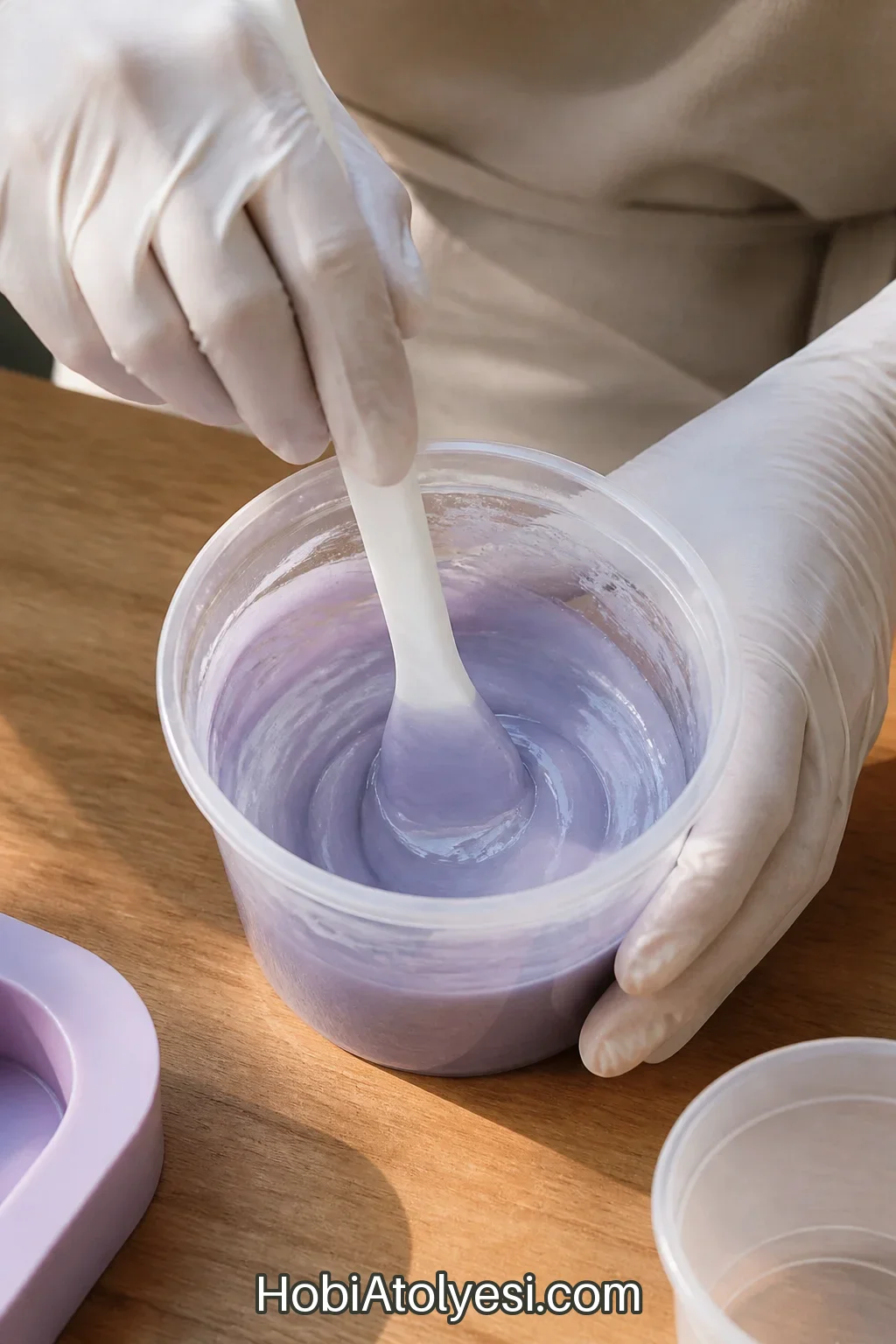 Silikonu plastik karıştırma kabında spatulayla karıştırma