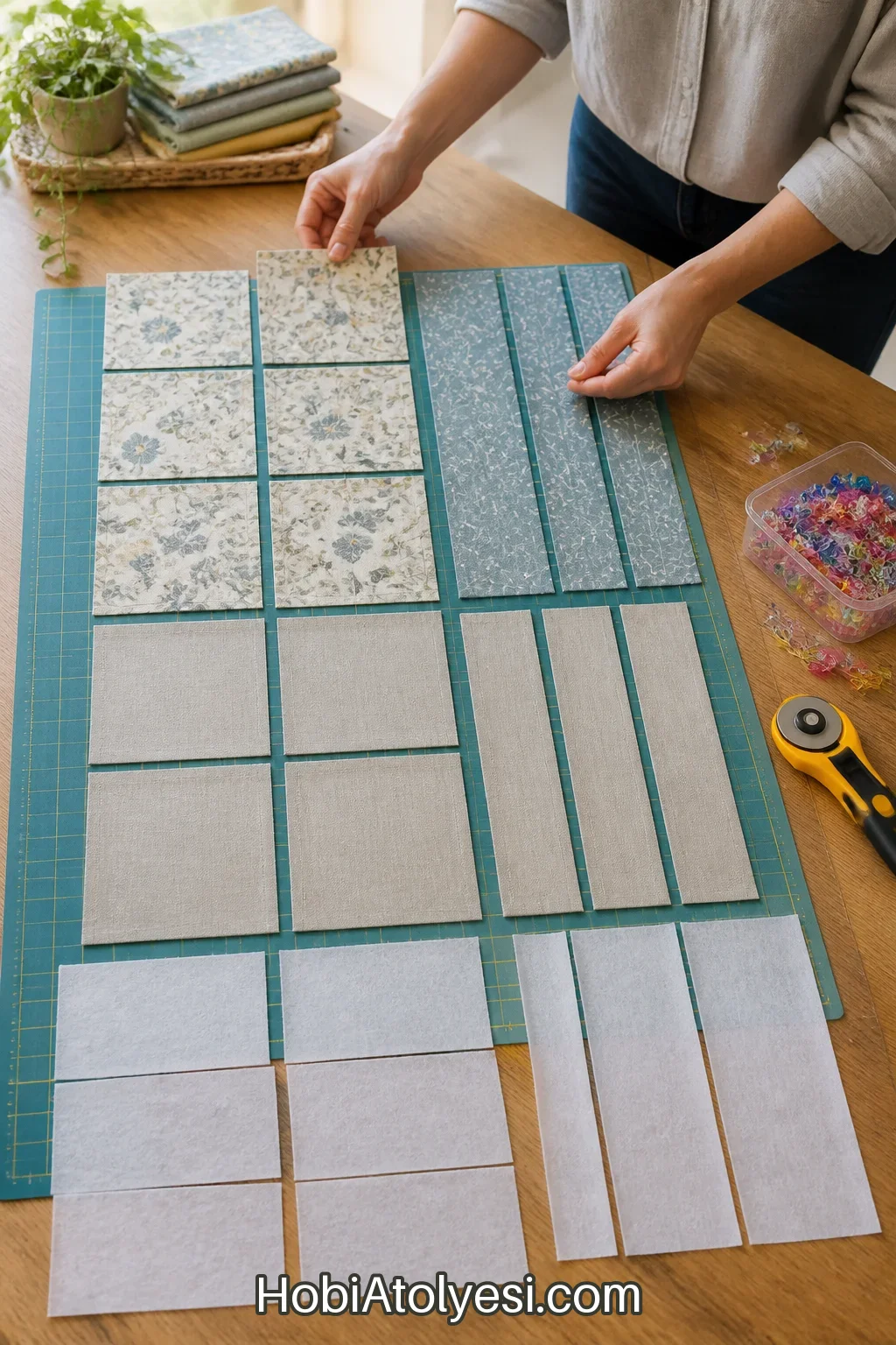 Kumaşın kesilmiş panelleri ve interfacing parçaları, kesim için düzenlenmiş