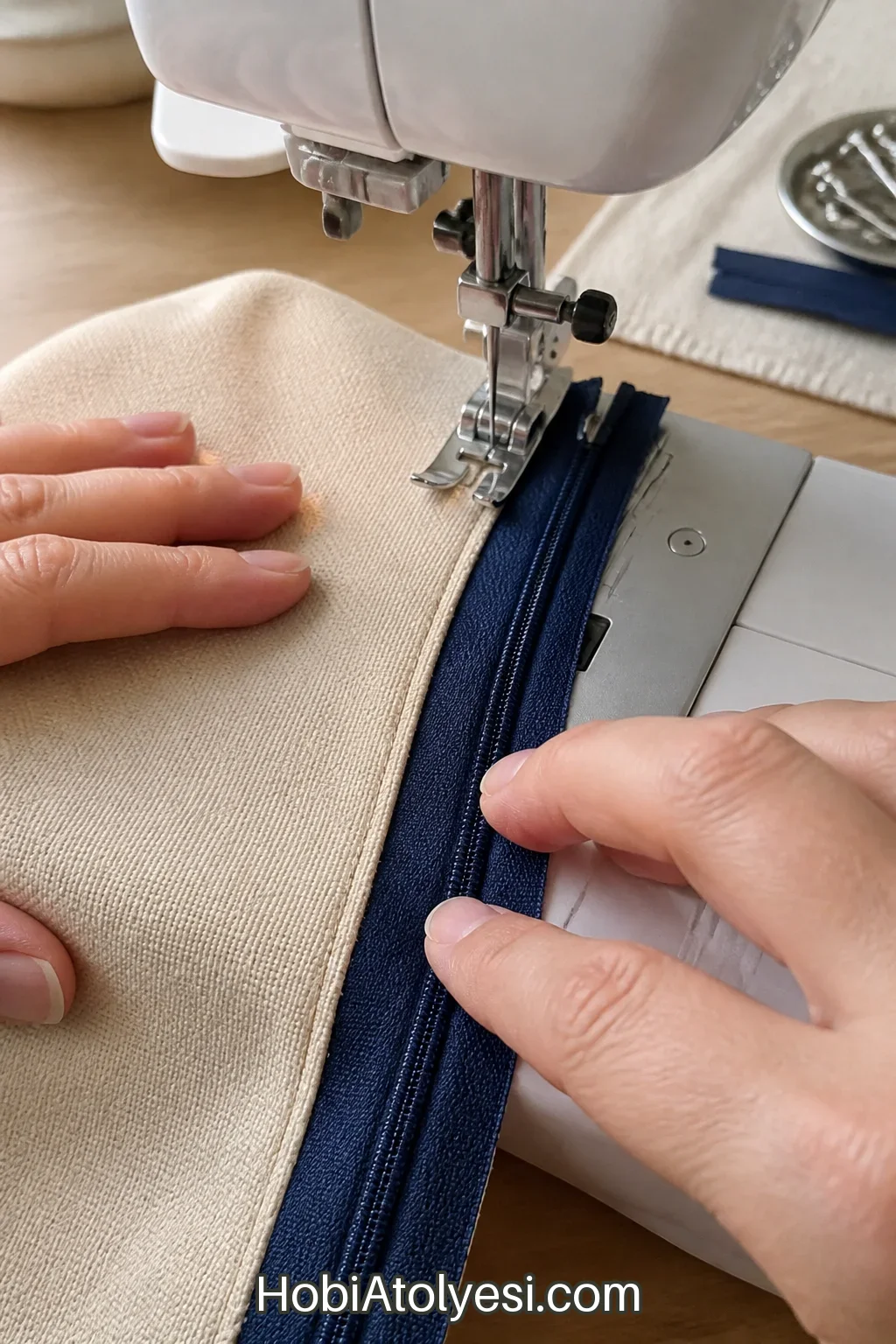 Fermuarın dış kumaşa dikilmesi, dikiş makinesi ayak izi ve dikiş başlangıcı görünür