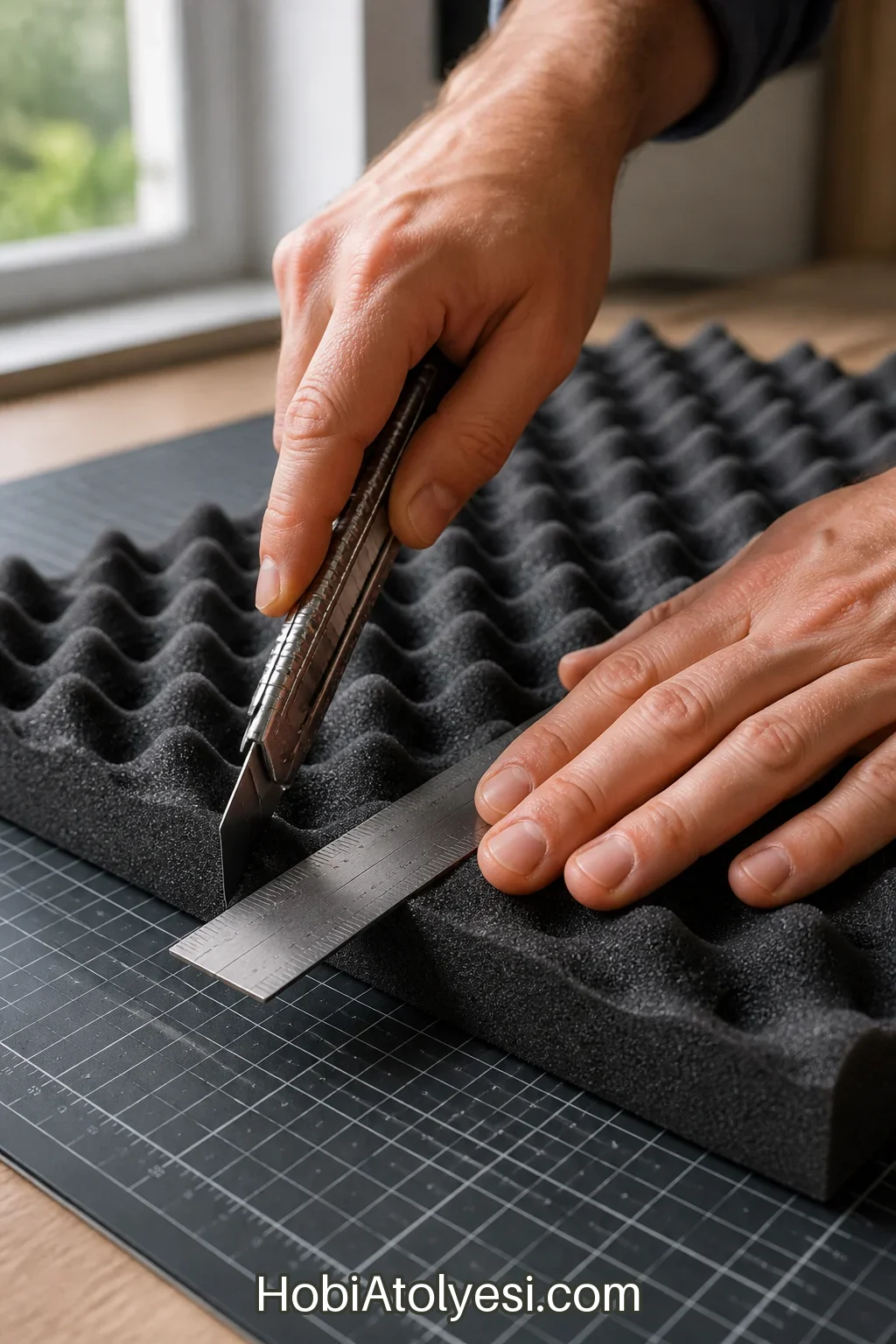 Kesme matı üzerinde maket bıçağıyla köpük kesimi yapılırken detay