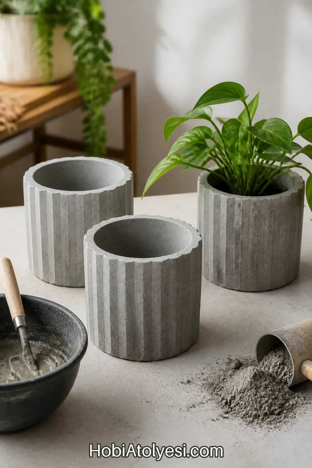 Bitmiş beton görünümlü saksılar bir arada sergilenmiş