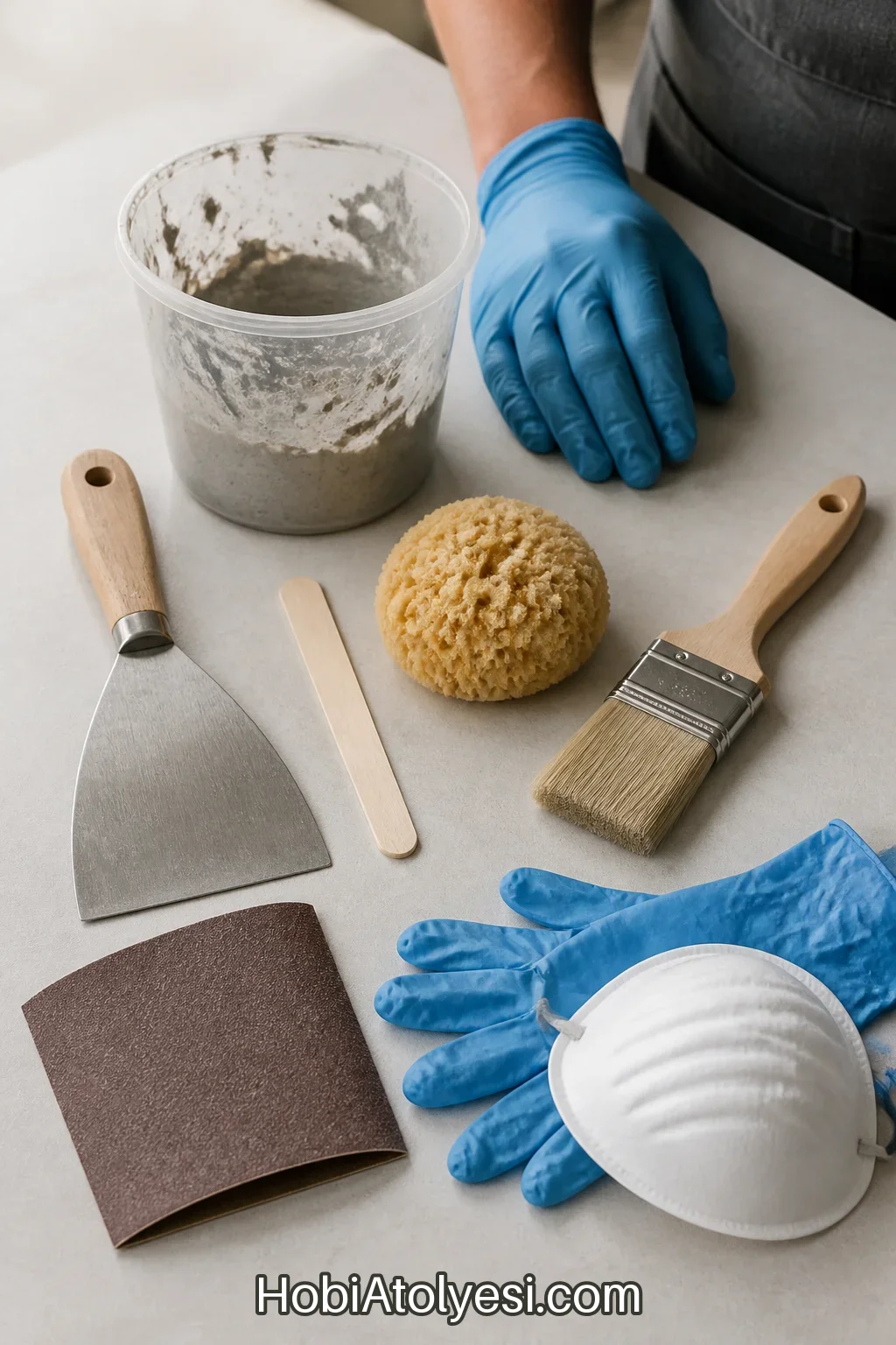 Spatula, sünger, eldiven ve karıştırma kabı yakın planı