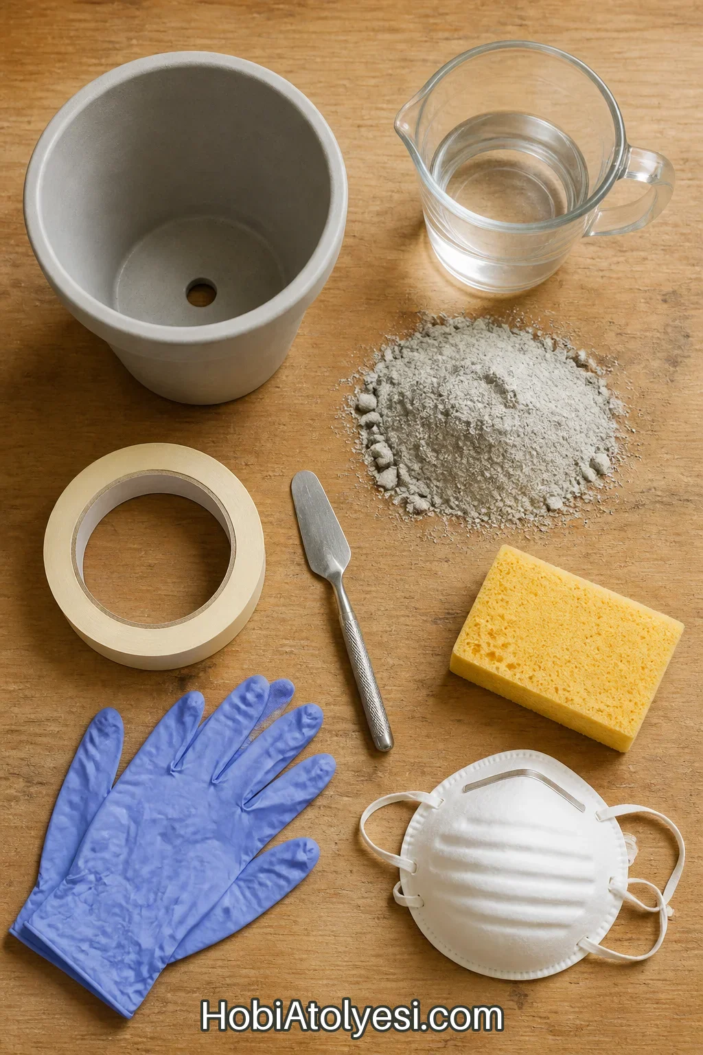 Çalışma masasında düzenlenmiş malzemeler ve örnek plastik saksı