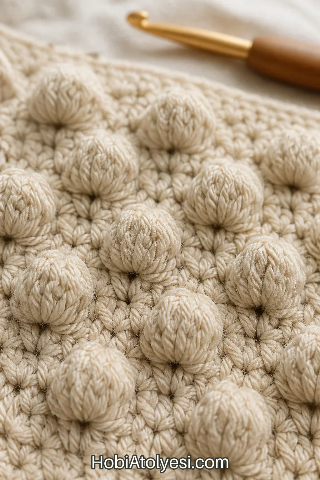 Düğüm dokusunun yakın plan görüntüsü: bobble/knot tekniği detayları