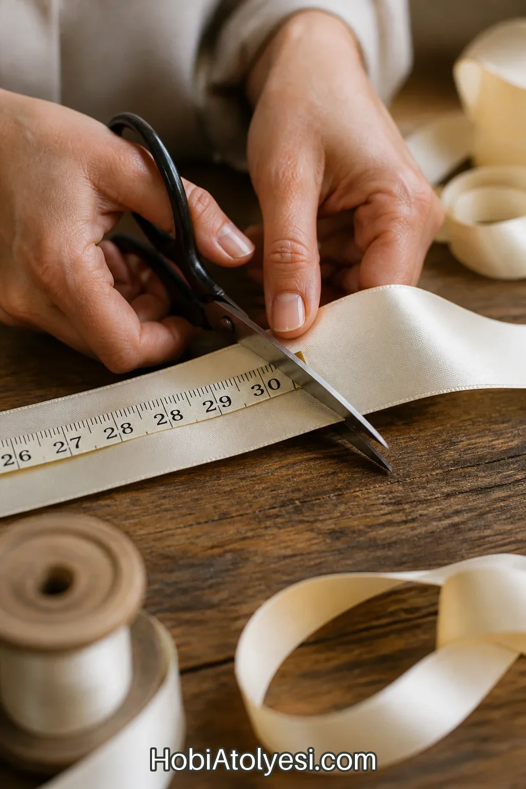 Kurdele ölçme ve kesme: mezura ile 30 cm ölçülen kurdele ve makas