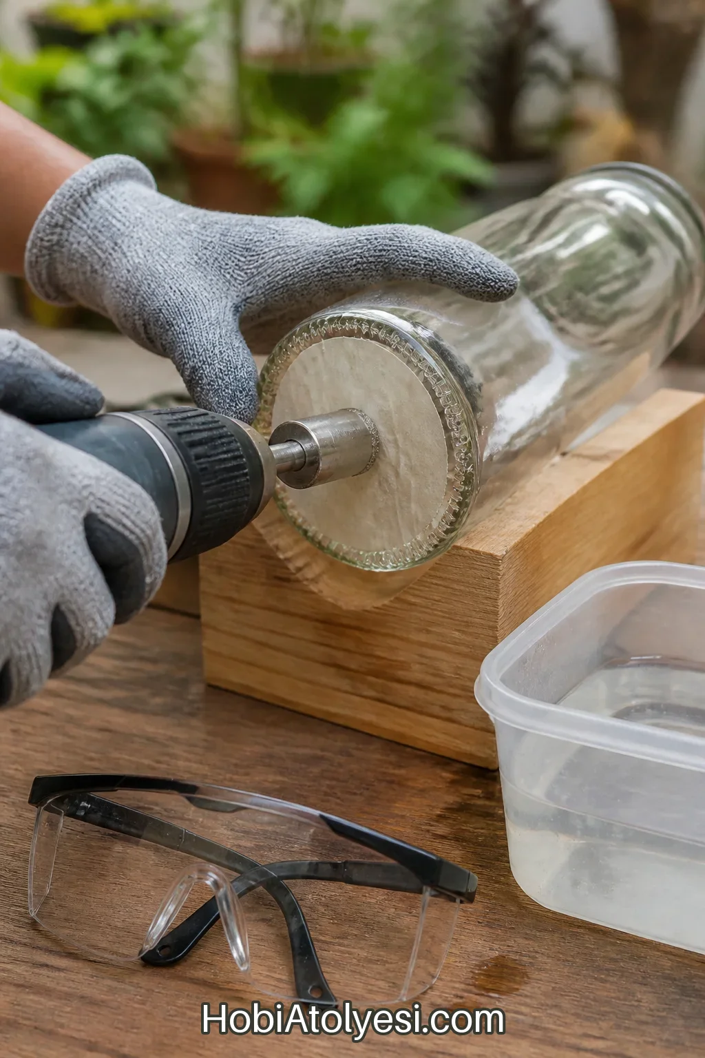 Gloved hands using a low-speed drill and diamond bit to make a hole in the bottle base with water cooling