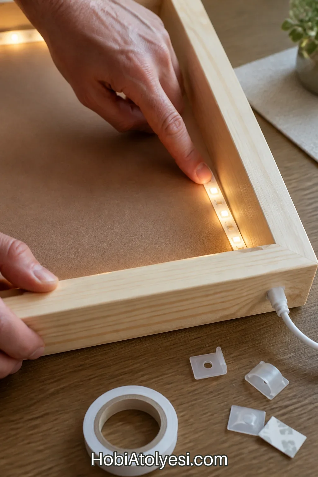LED şeridin çerçevenin iç kenarına yapıştırılması ve kablo yönlendirme detayını gösteren yakın plan