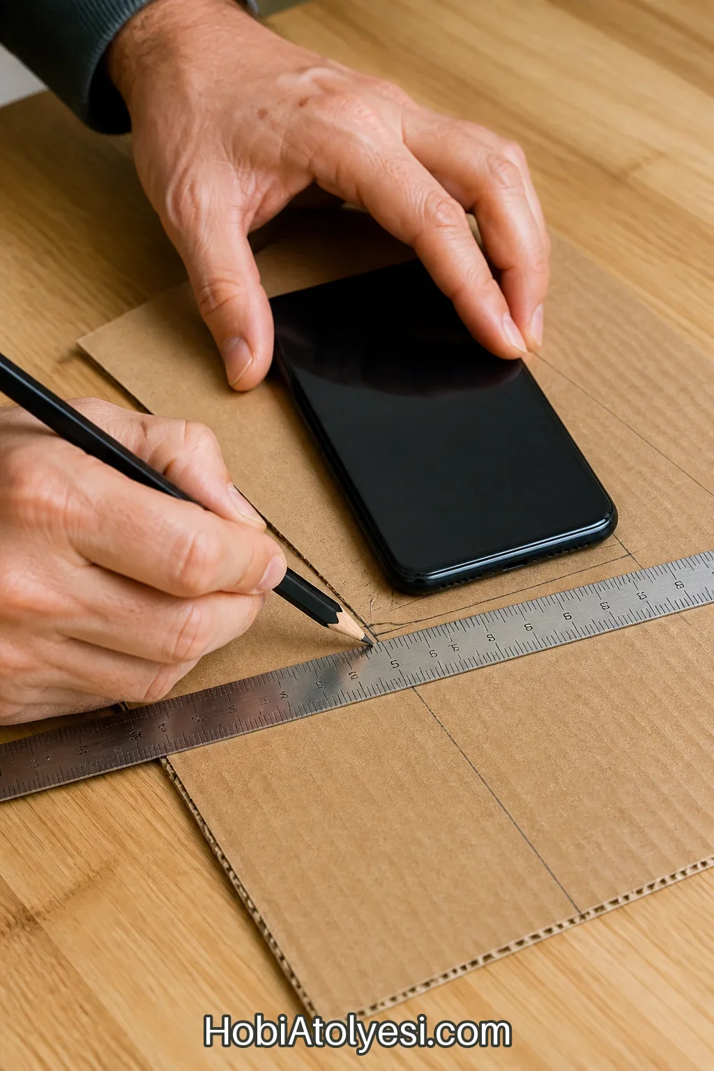 Telefon ölçüsü alma ve kartona işaretleme
