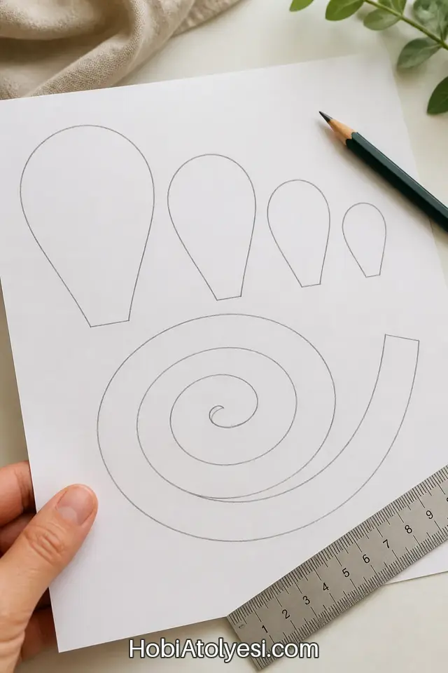 Kalıp kağıdında çizilmiş farklı boyuttaki yaprak ve spiral şablon