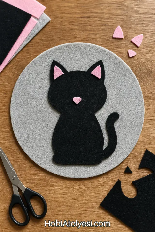 Katmanların masa üzerinde yerleşimi, kedi silüeti taban üzerinde hizalanmış