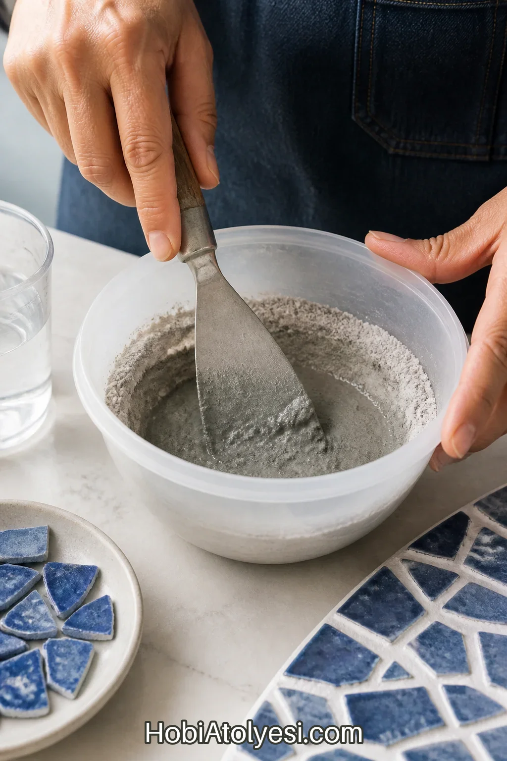 Derz harcının karıştırılması: plastik kapta toz ve su oranı, spatula ile karıştırma