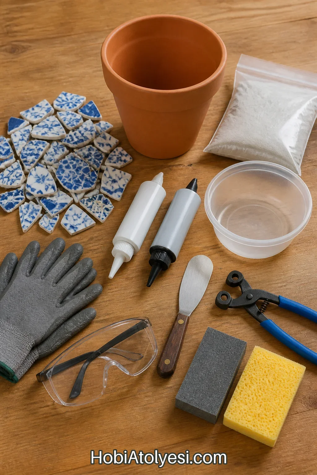 Malzemelerin düzenli yerleşimi: terracotta saksı, mavi-beyaz kırık seramik parçaları, yapıştırıcı, derz harcı, spatula, eldiven, gözlük