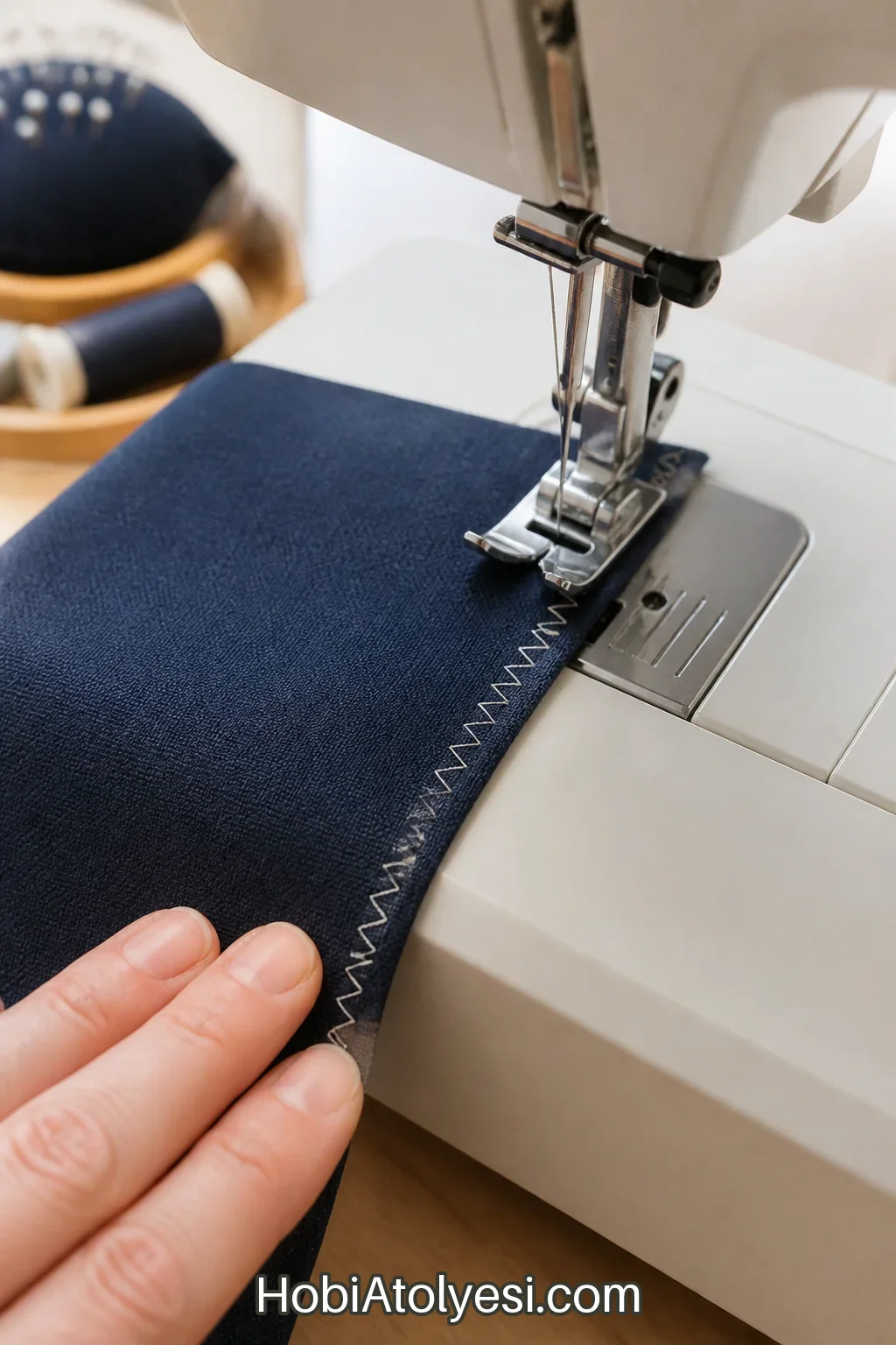 Overlock veya zigzag ile kenar temizleme işlemi (yakın plan)