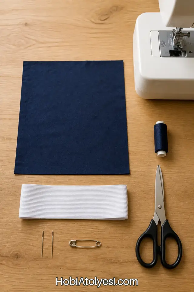 Malzemeler: 20x30 cm lacivert pamuklu kumaş, beyaz elastik, makas, iğne, toplama iğnesi ve dikiş makinesi