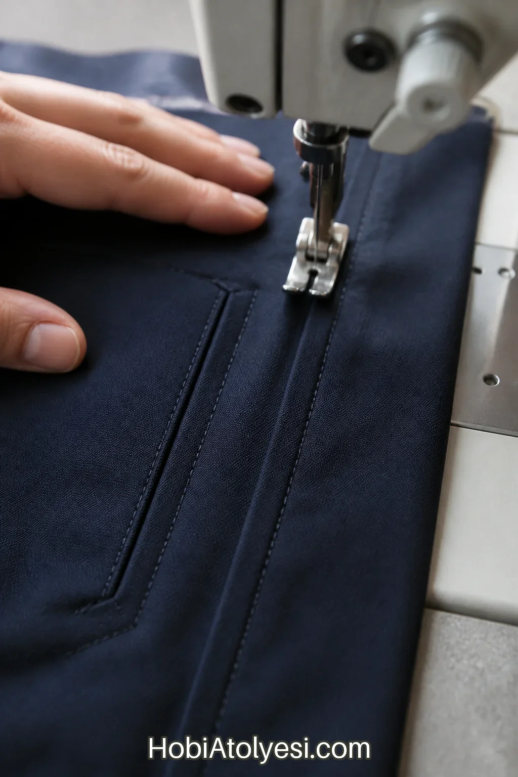 Yan dikişlerin dikişi ve temiz kenar dışından üstten geçirilmiş topstitch (yakın plan)