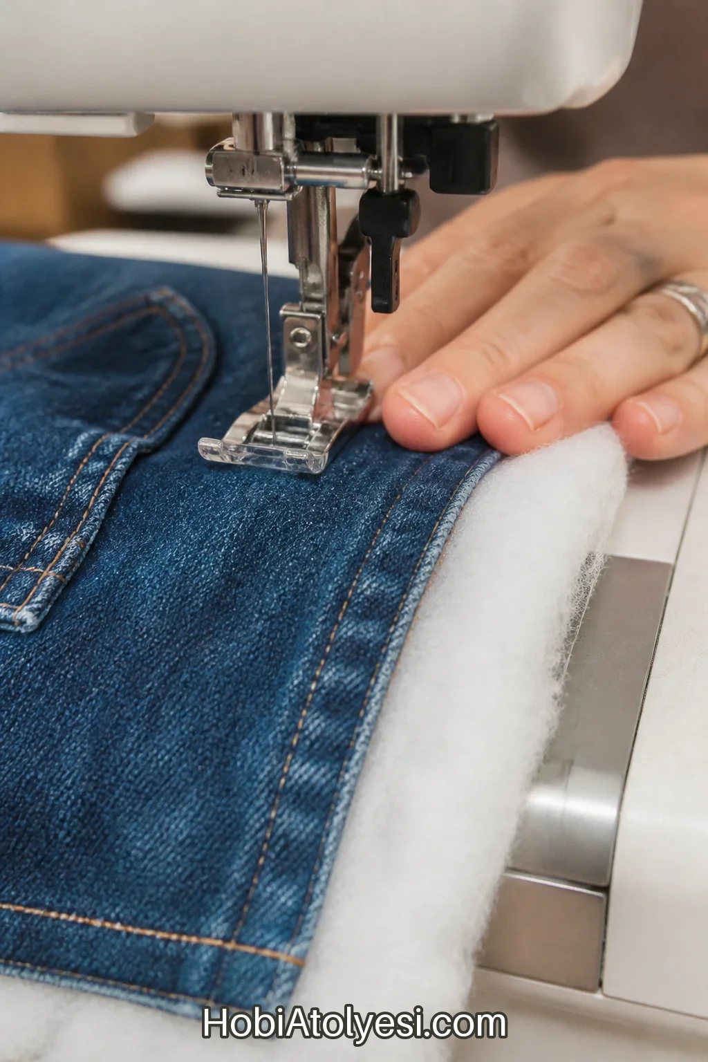 Dikiş makinesinde blok geçirerek keçeleştirme etkisi oluşturan detay çekim, makina altında denim
