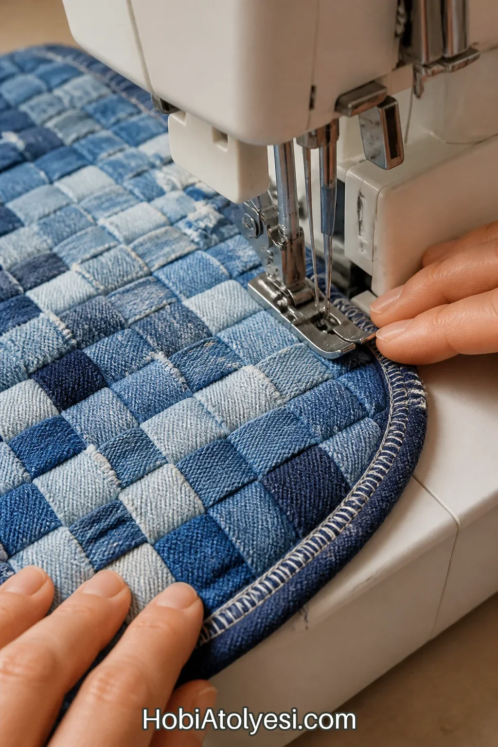 Mat kenarının overlok veya çift dikişle güçlendirilmiş yakın çekim detayı