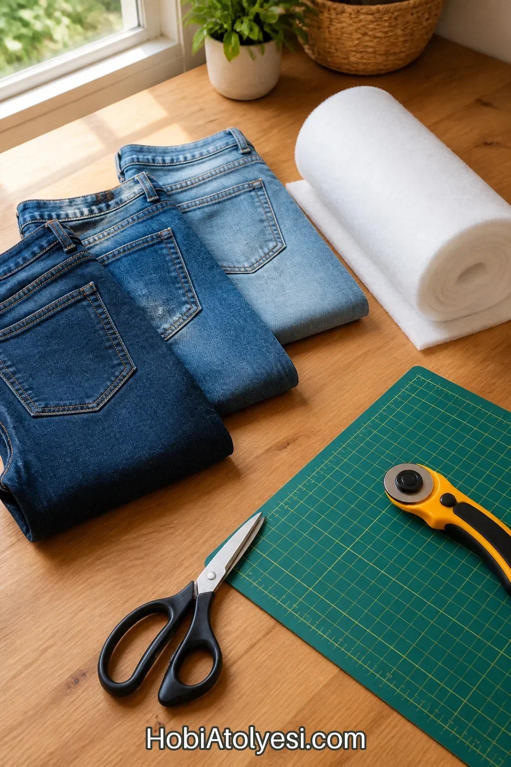Çalışma masasında düzenlenmiş üç mavi kot pantolon, batting rulosu, makas ve kesme matı