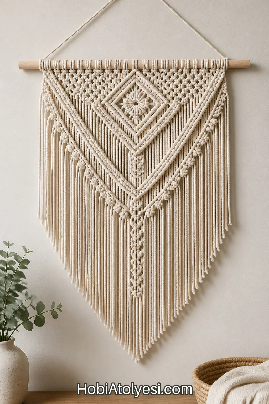 Tamamlanmış geometrik makrome panel duvarda asılı
