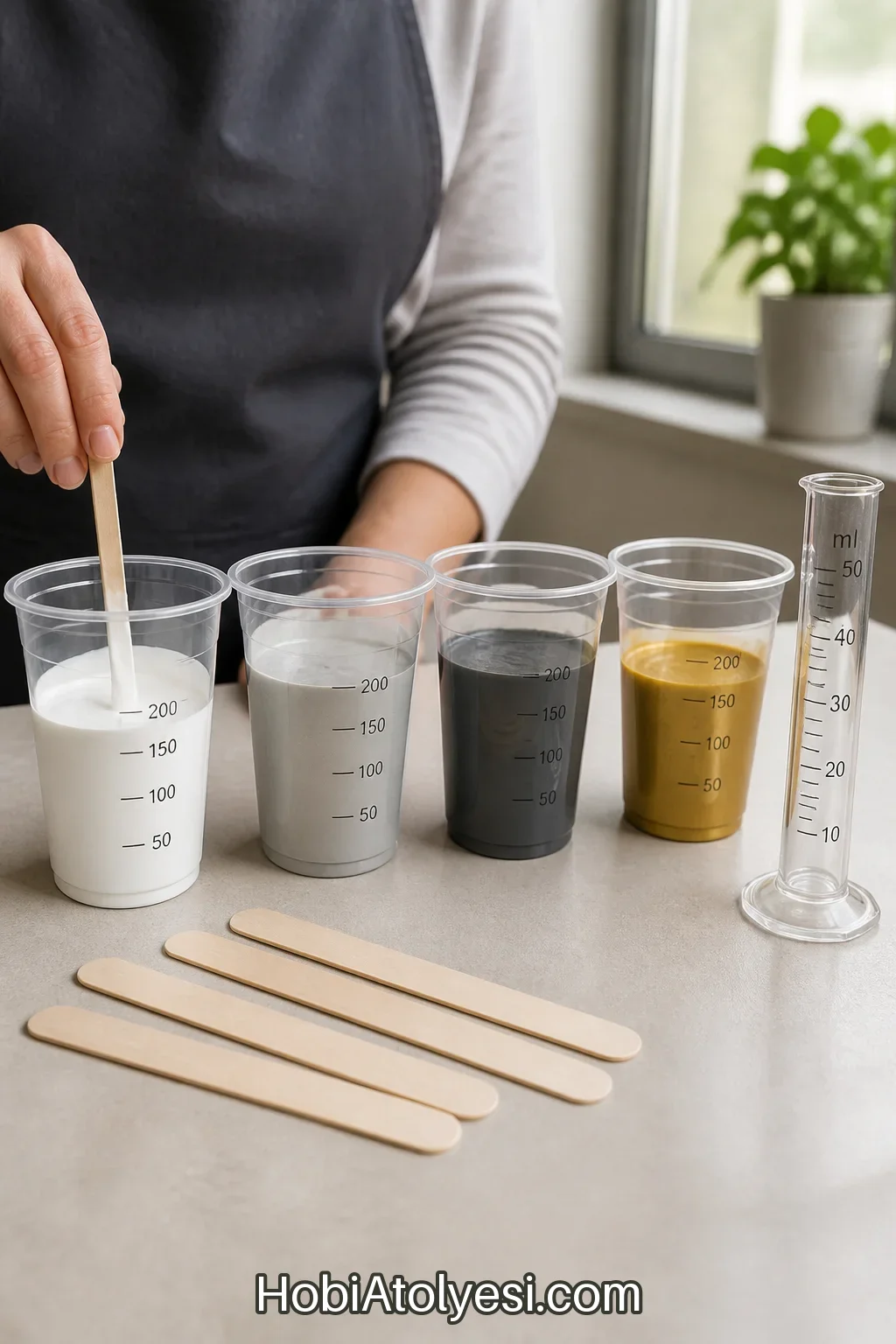 Renklerin plastik kaplarda ölçülüp karıştırılması