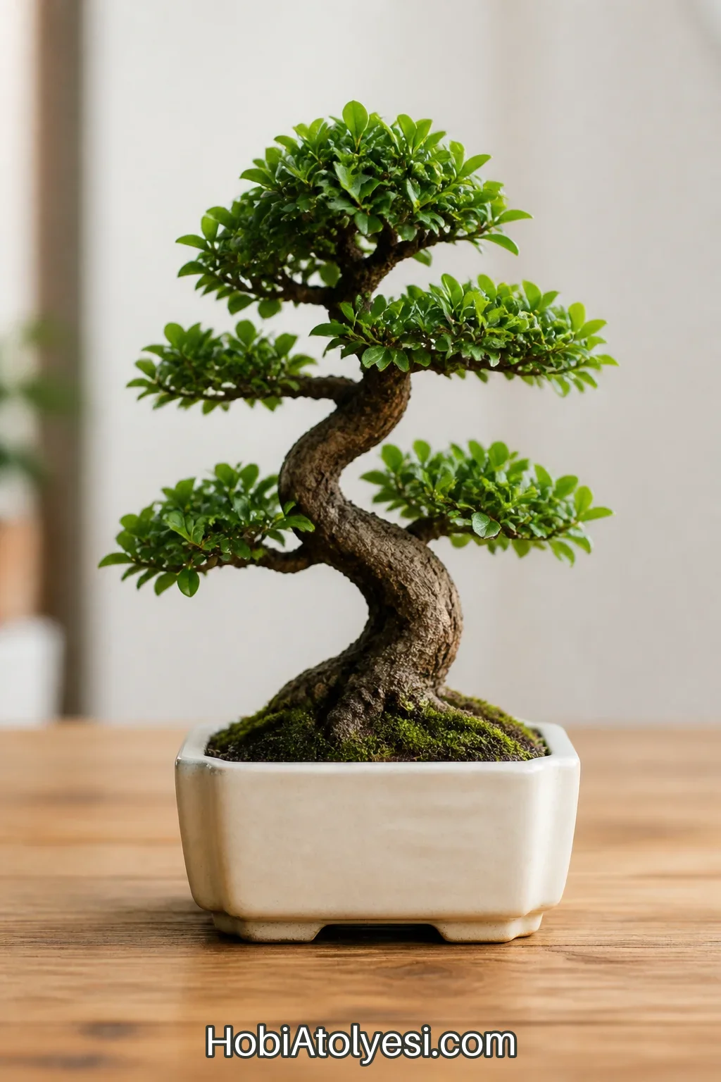Bitmiş mini bonsai, krem saksıda katmanlı yeşil yapraklar ve dokulu kahverengi gövdeyle sergilenmiş.