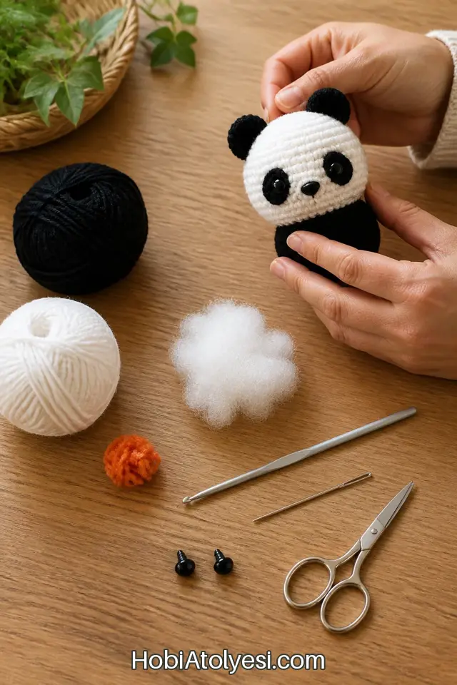 Amigurumi malzemeleri düzenli tezgah üstünde: siyah-beyaz-turuncu ip, tığ, dolgu, iğne, makas
