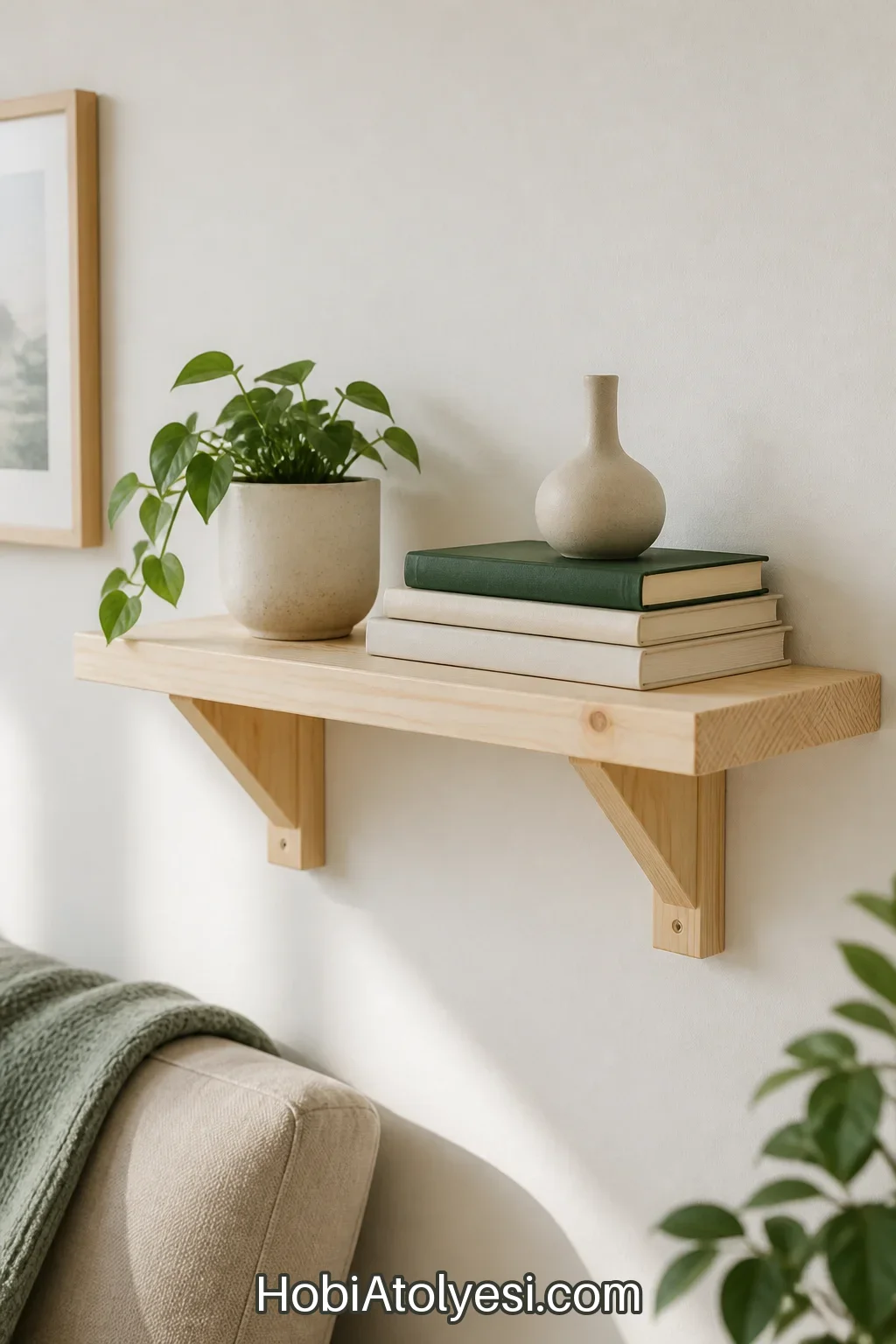Bitmiş minimal ahşap rafın duvarda dekoratif kullanım örneği