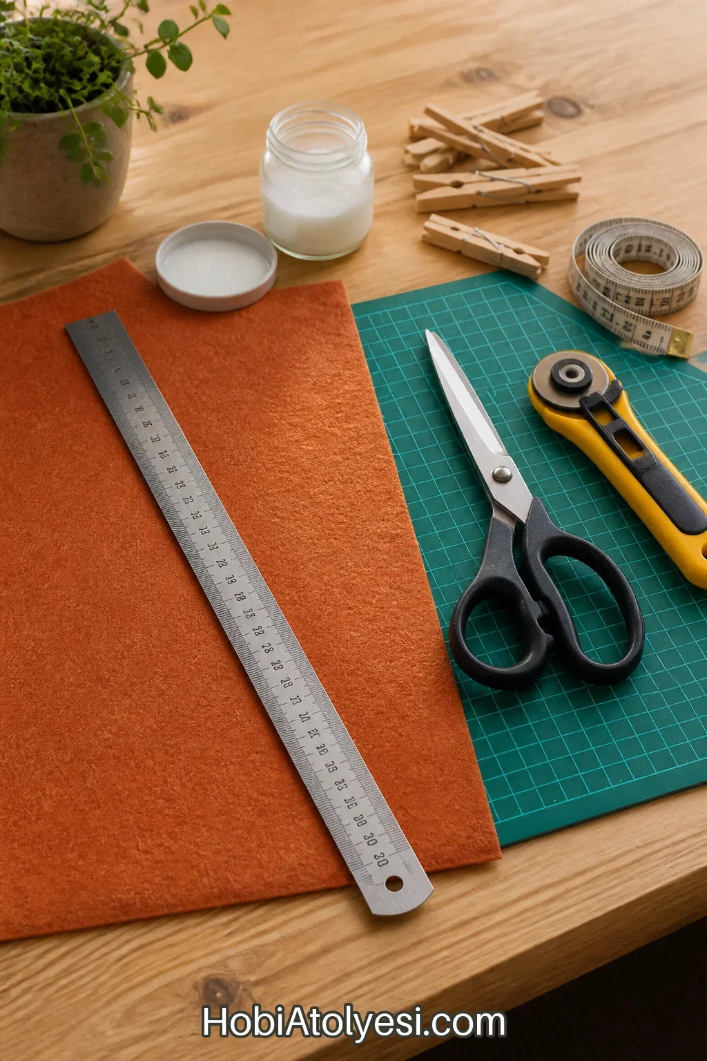 Düzenli çalışma alanında terracotta renk keçe, cetvel, kesme matı ve makas