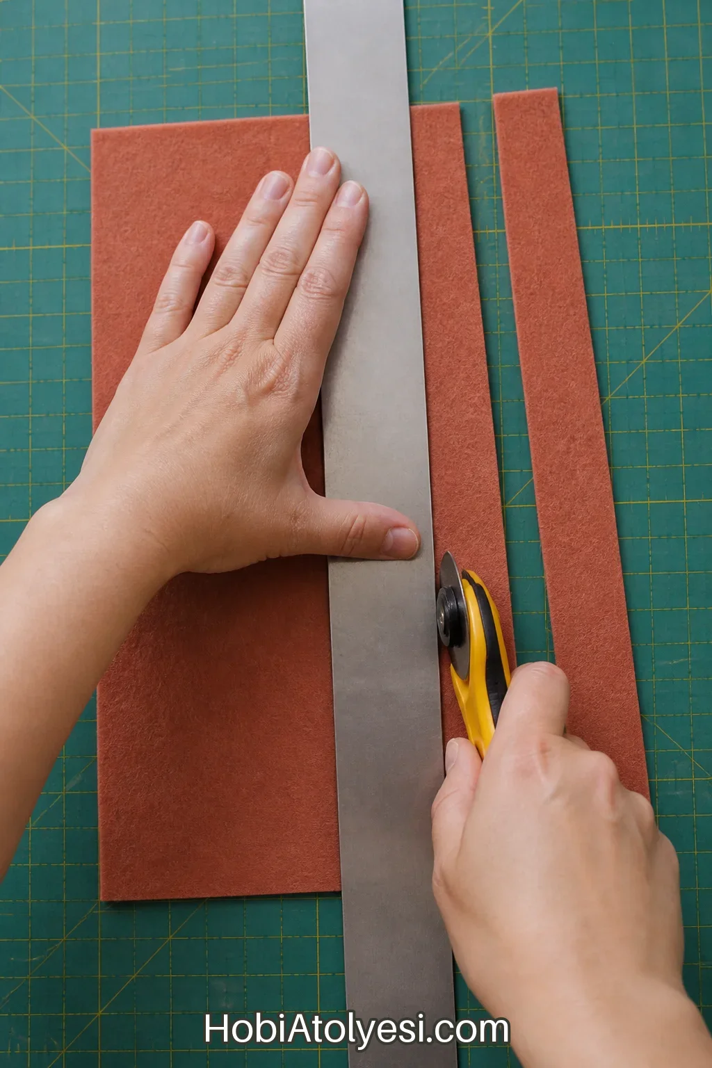 Kesme matında dikdörtgen kalıbın rotary cutter ile kesilmesi