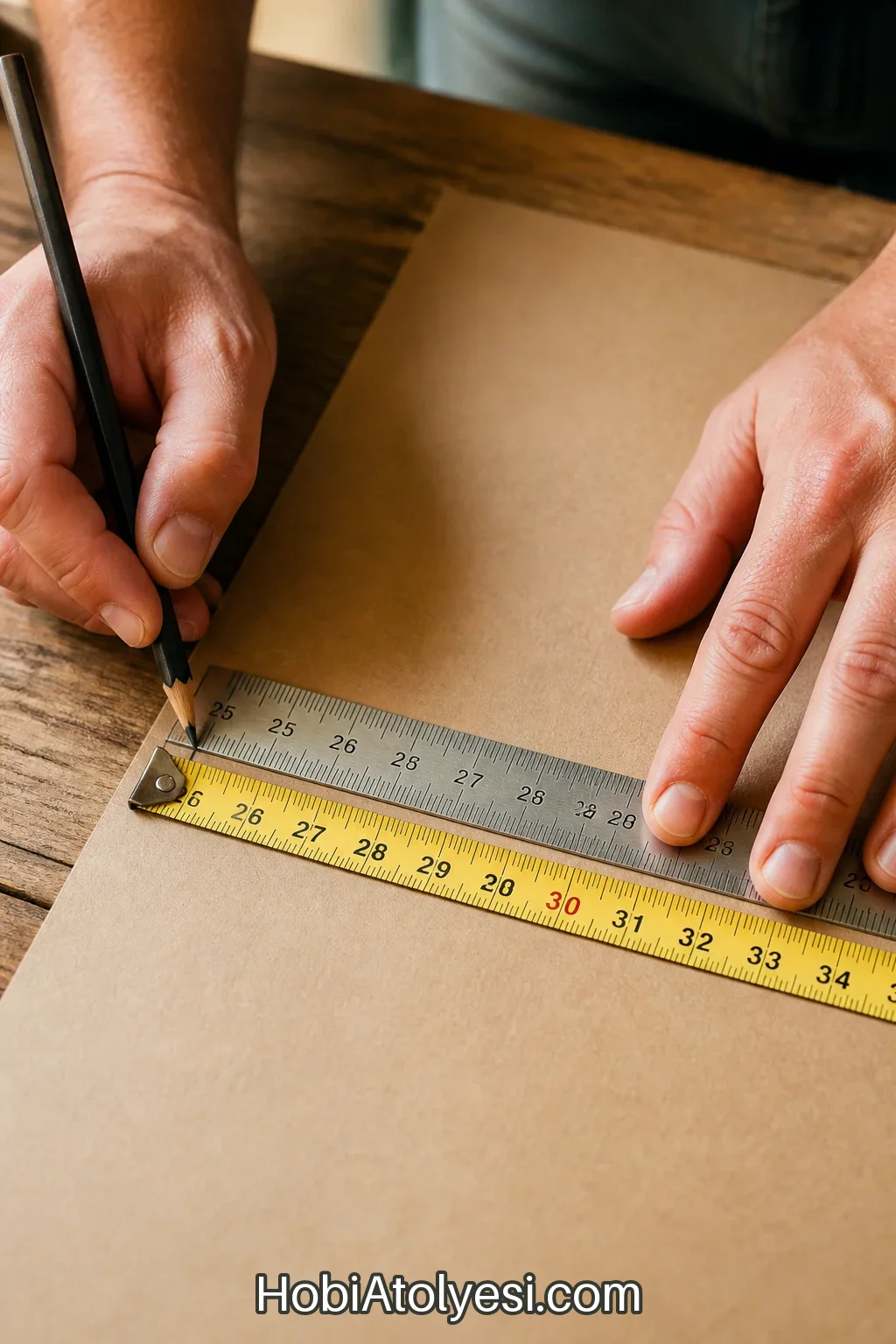 Ölçü bandı ve cetvel ile kraft kağıt üzerinde 30 cm genişlik işaretleme