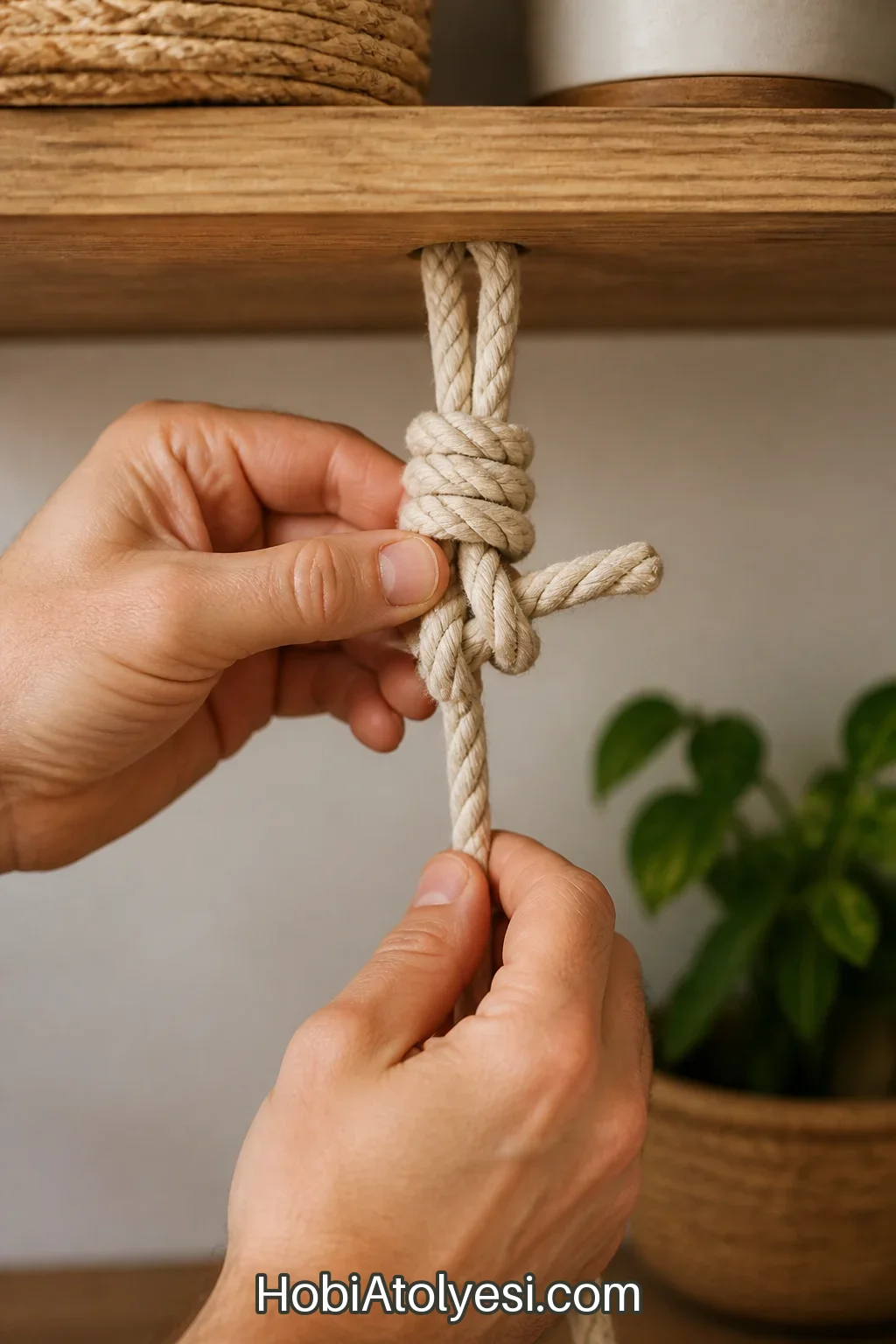 Halatta sağlam bir düğüm atma, yakın çekim düğüm aşamaları