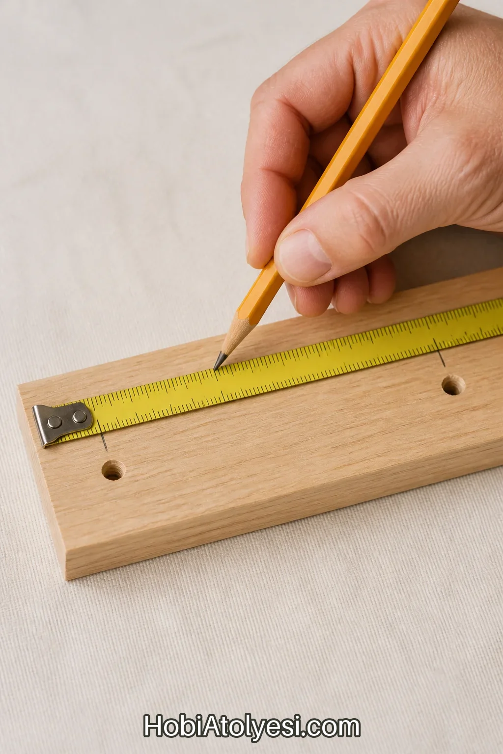Ahşap çıtada delik işaretlerinin ölçülmesi: kenardan yaklaşık 3 cm içeri işaretleme