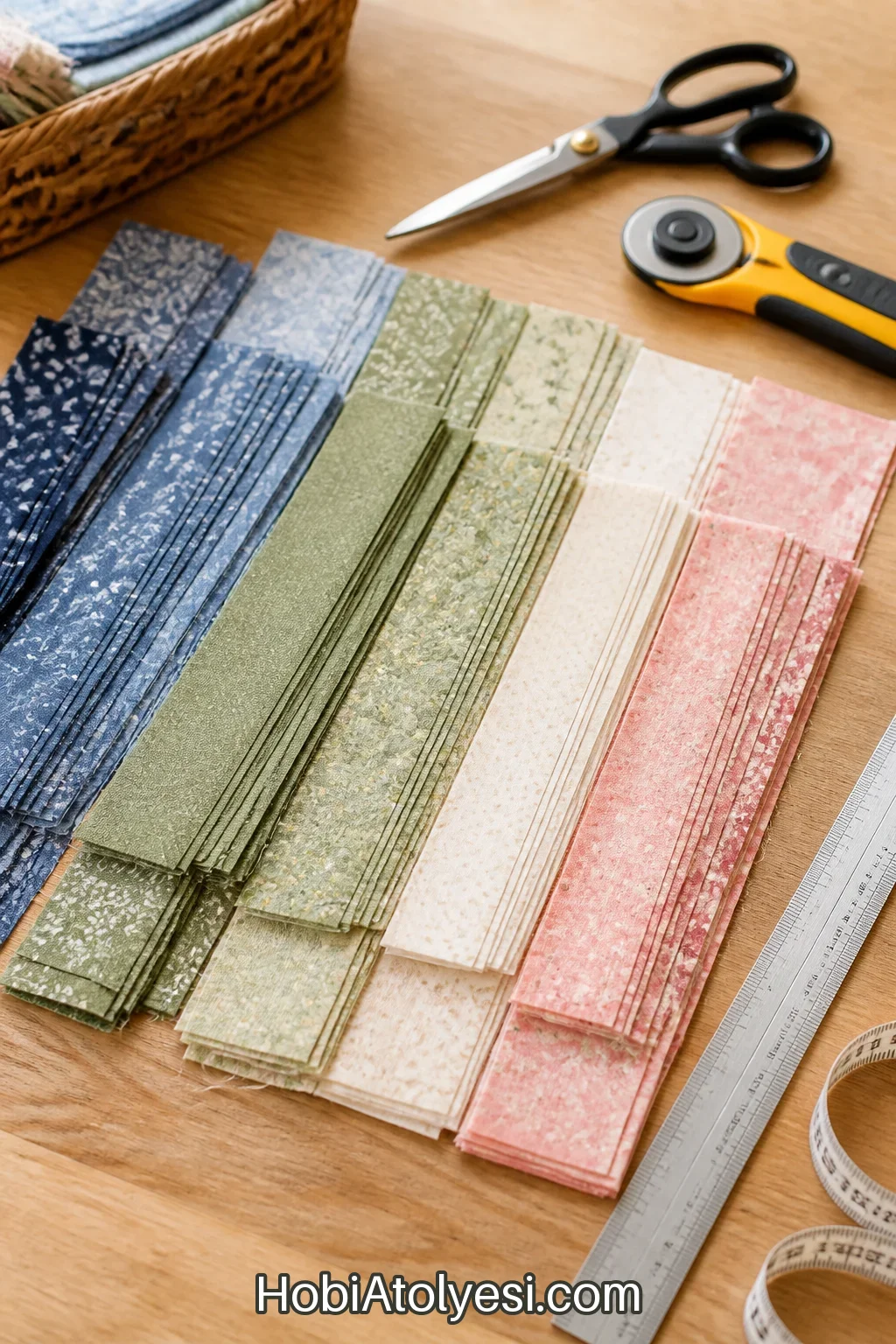 Kesilmiş patchwork kumaş şeritleri ve ölçü cetveli