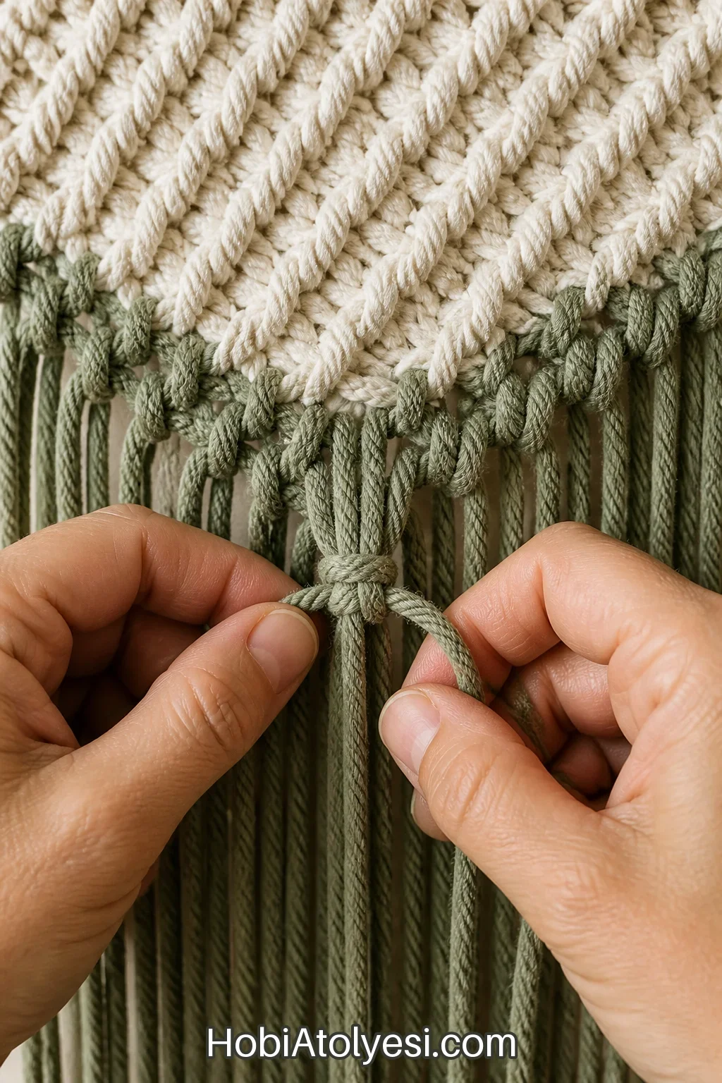 Renk geçişleri için düğüm zinciri (diagonal half hitch) uygulaması yakın planı