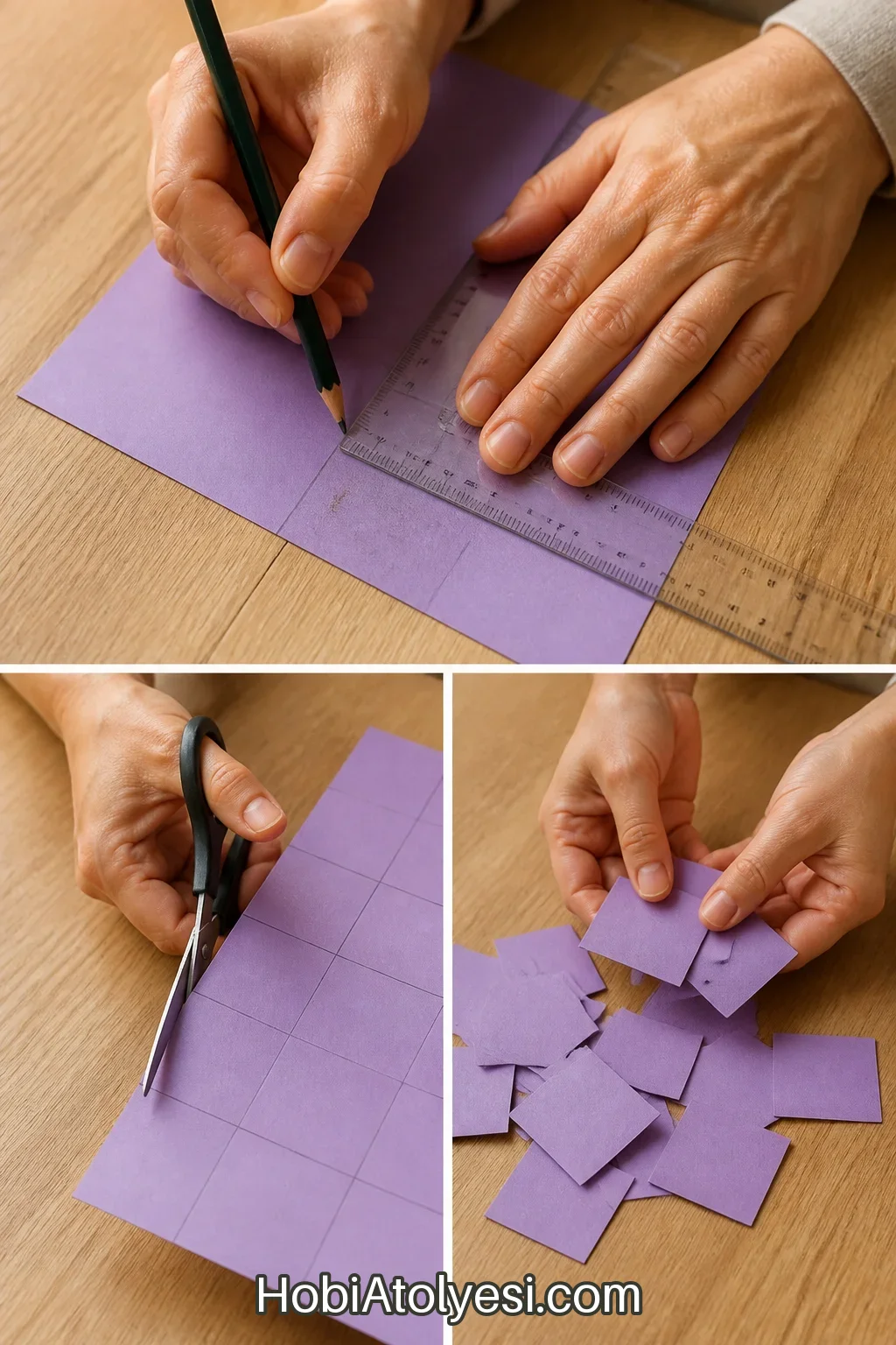 Yetişkinin cetvelle 2 cm kareler için kılavuz çizgileri çizmesi ve makasla kesmesi