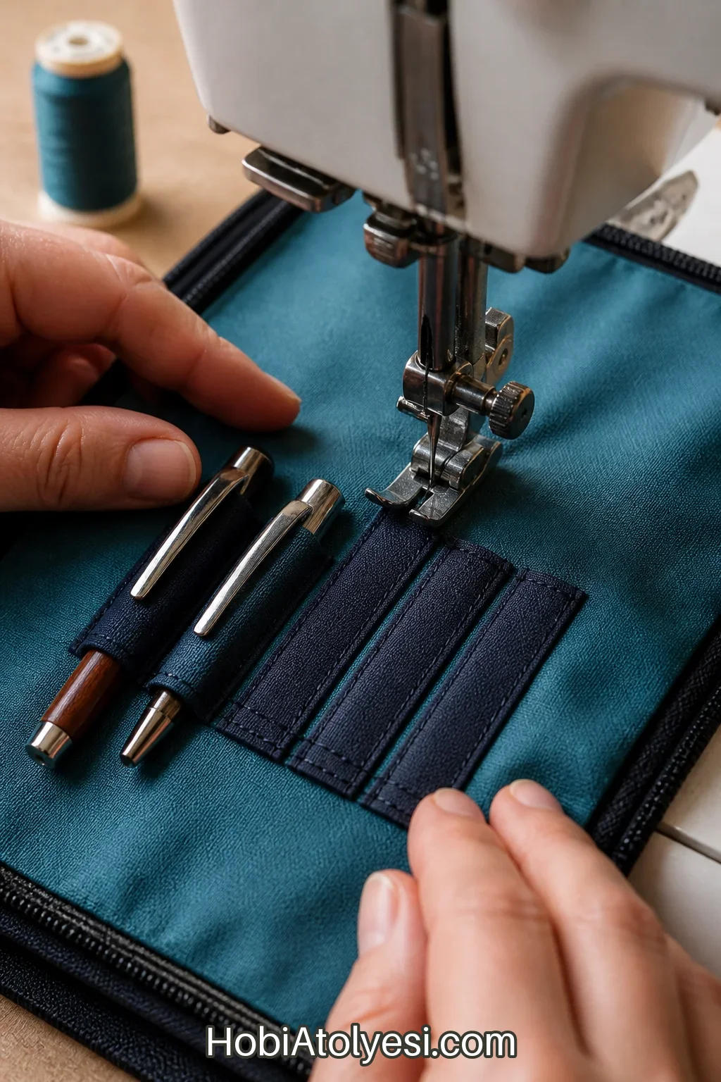 Dikiş makinesinde kalemlik ve iğne şeridinin dikilmesi