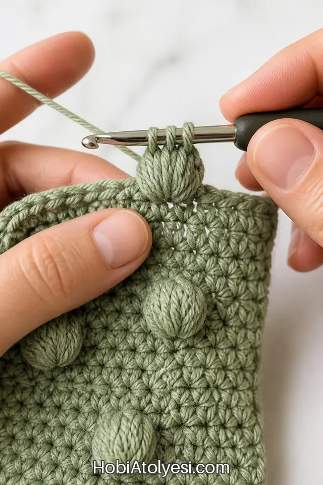 Kabartma tekniğinin yakın planı; bir ilmeğe ardışık kısmi işlemlerle bobble oluşturma