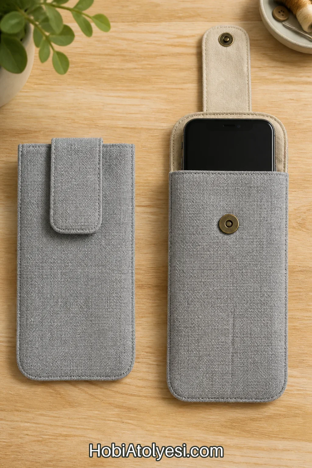 Tamamlanmış telefon kılıfı, düz ve içine telefon yerleştirilmiş görünüm