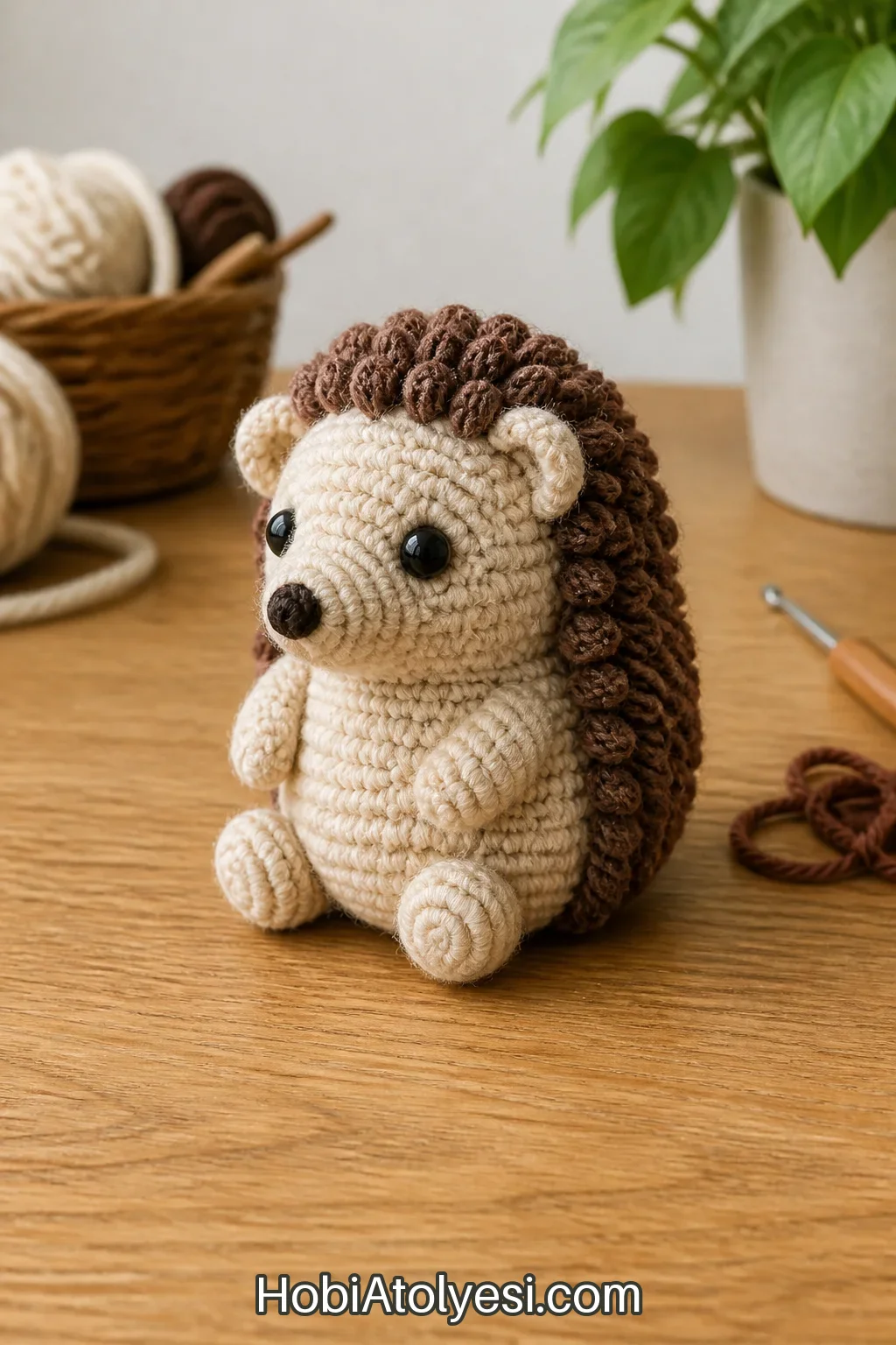 Bitmiş mini kirpi amigurumi, ağzı kapalı ve sırt dikenleri belirgin
